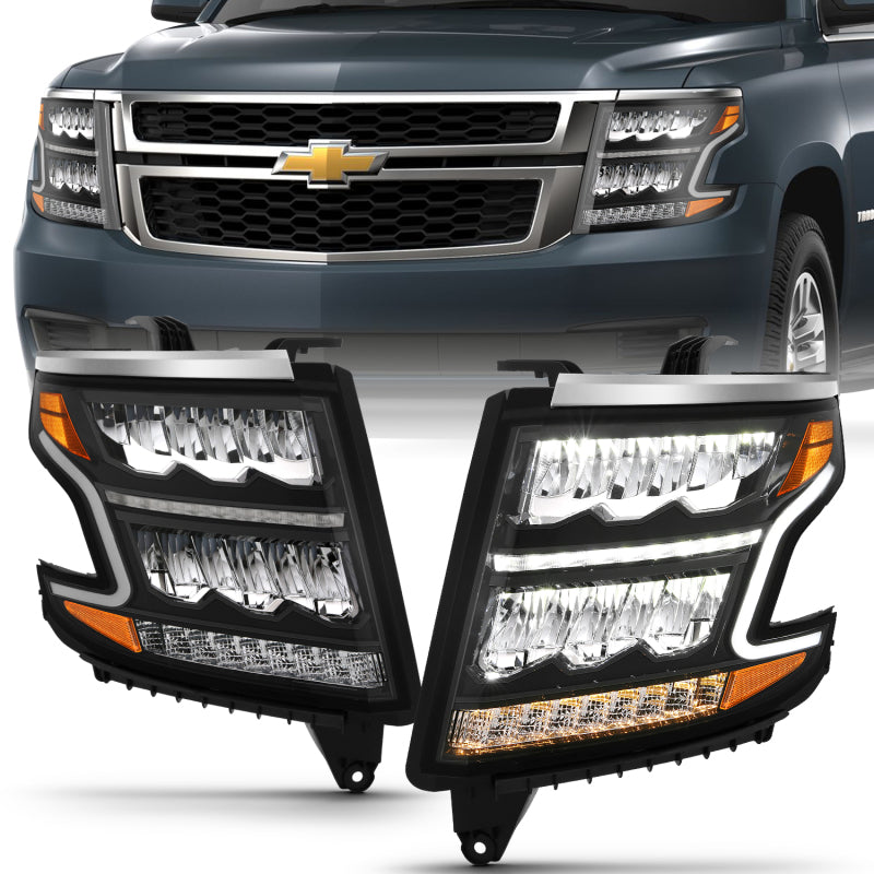 ANZO LED Light Bar Style Headlights for 2015-2020 Chevy Tahoe/Suburban with black housing and clear lens.