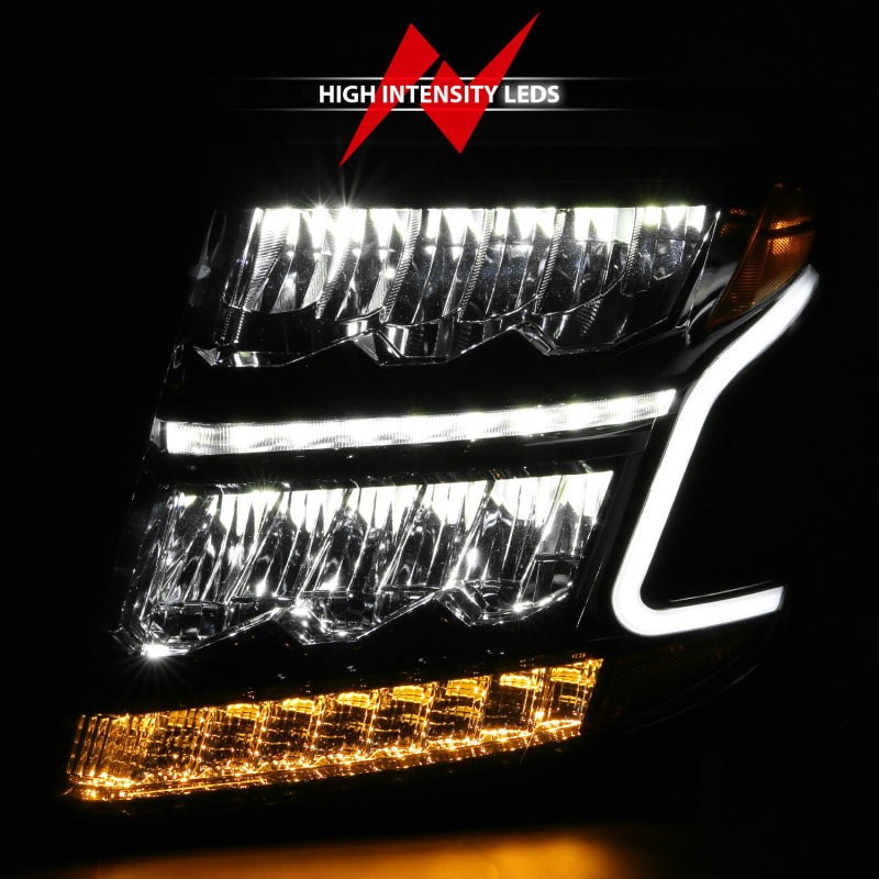 ANZO LED Light Bar Style Headlights for 2015-2020 Chevy Tahoe/Suburban with black housing and clear lens.