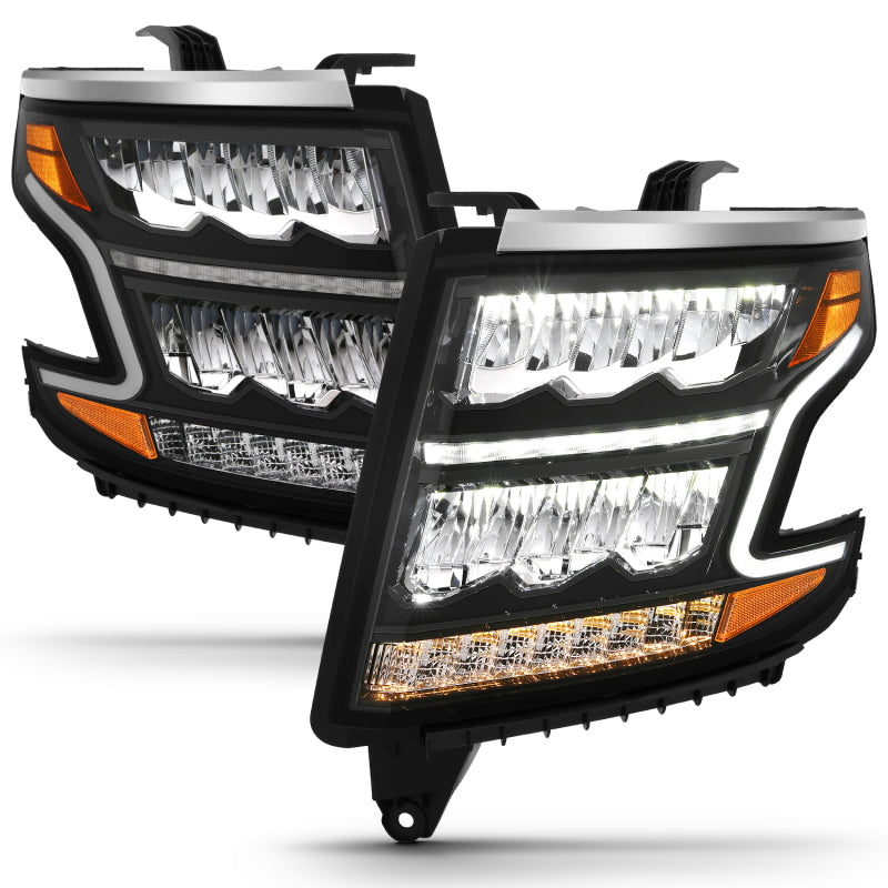 ANZO LED Light Bar Style Headlights for 2015-2020 Chevy Tahoe/Suburban with black housing and clear lens.