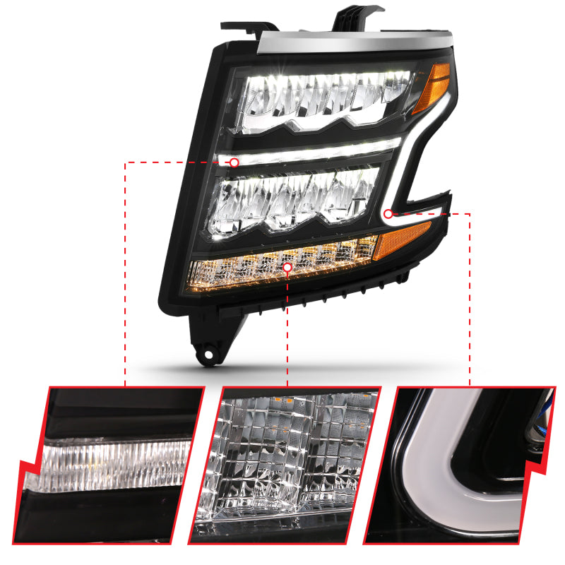 ANZO LED Light Bar Style Headlights for 2015-2020 Chevy Tahoe/Suburban with black housing and clear lens.