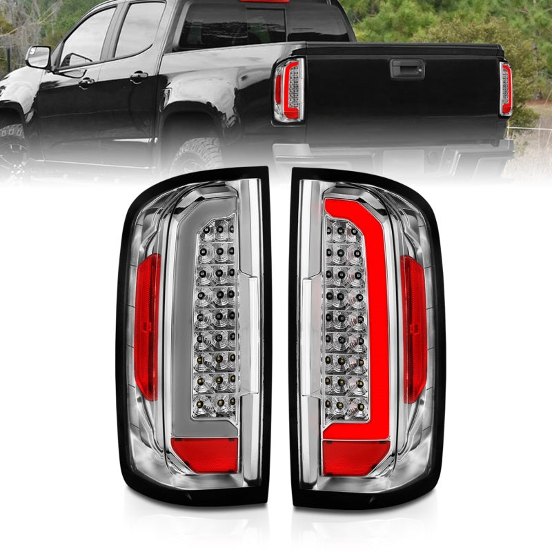 ANZO LED Taillights for 2015-2021 Chevy Colorado with chrome housing and light bar, showcasing modern design and enhanced visibility.