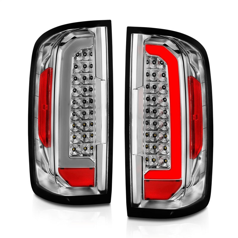 ANZO LED Taillights for 2015-2021 Chevy Colorado with chrome housing and light bar, showcasing modern design and enhanced visibility.