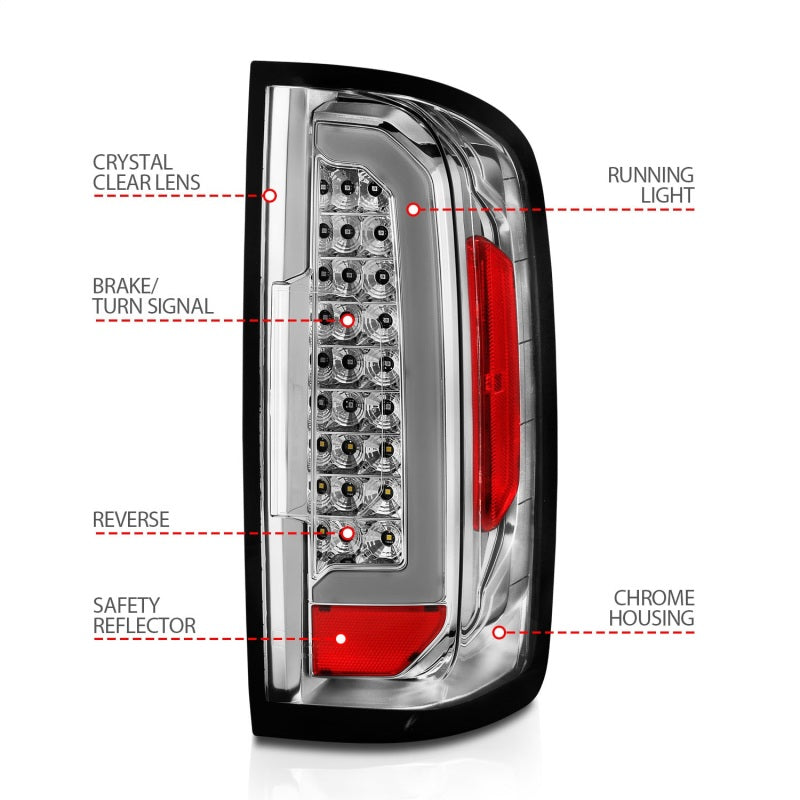 ANZO LED Taillights for 2015-2021 Chevy Colorado with chrome housing and light bar, showcasing modern design and enhanced visibility.