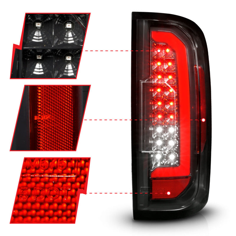 ANZO Full LED Taillights for GMC Canyon with red lightbar and black housing, showcasing modern design and bright illumination.