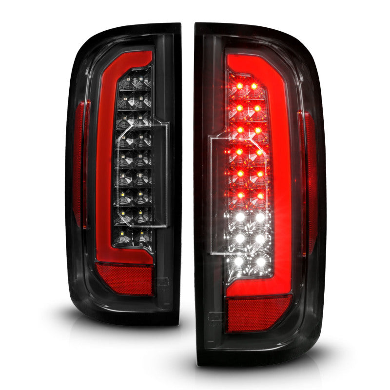 ANZO Full LED Taillights for GMC Canyon with red lightbar and black housing, showcasing modern design and bright illumination.