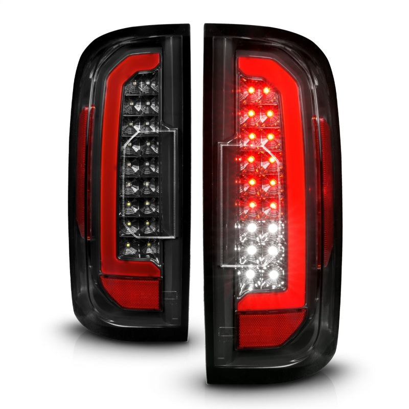 ANZO Full LED Taillights for GMC Canyon with red lightbar and black housing, showcasing modern design and bright illumination.