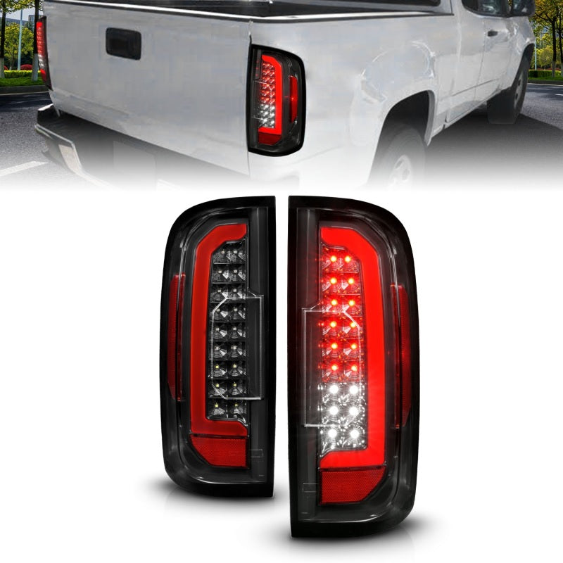 ANZO Full LED Taillights for GMC Canyon with red lightbar and black housing, showcasing modern design and bright illumination.