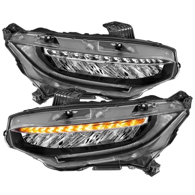 ANZO 16-17 Honda Civic projector headlights in black with amber accents, showcasing a modern plank style design.