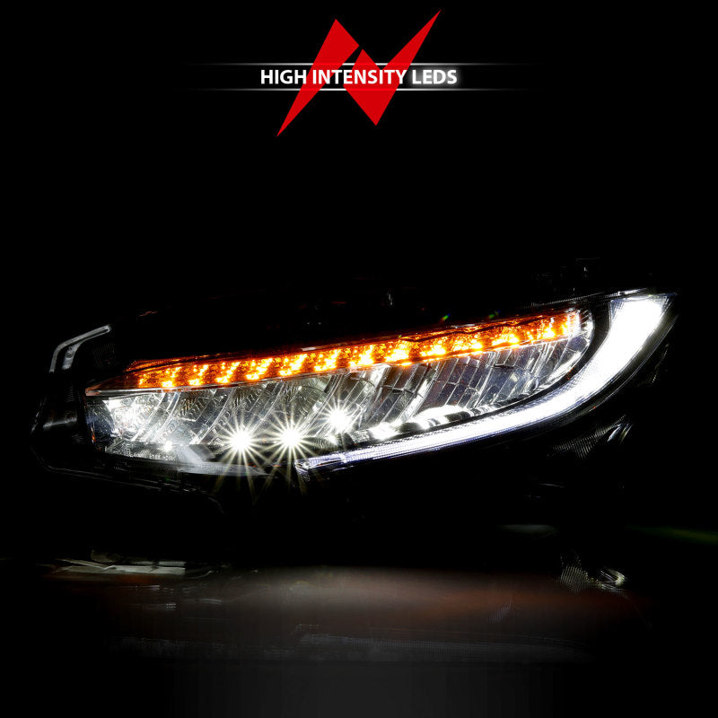 ANZO 16-17 Honda Civic projector headlights in black with amber accents, showcasing a modern plank style design.