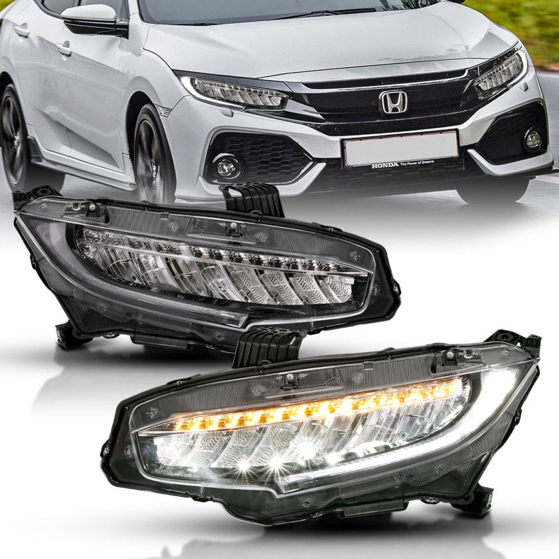 ANZO 16-17 Honda Civic projector headlights in black with amber accents, showcasing a modern plank style design.