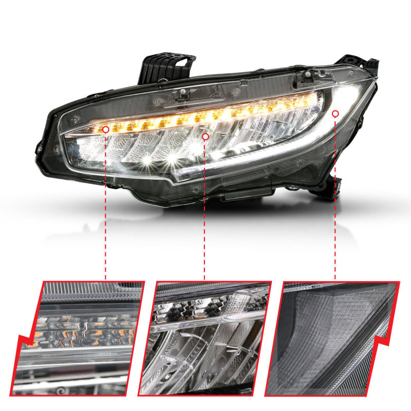 ANZO 16-17 Honda Civic projector headlights in black with amber accents, showcasing a modern plank style design.