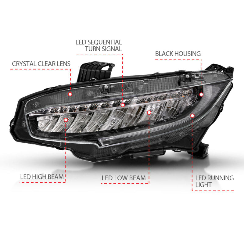 ANZO 16-17 Honda Civic projector headlights in black with amber accents, showcasing a modern plank style design.