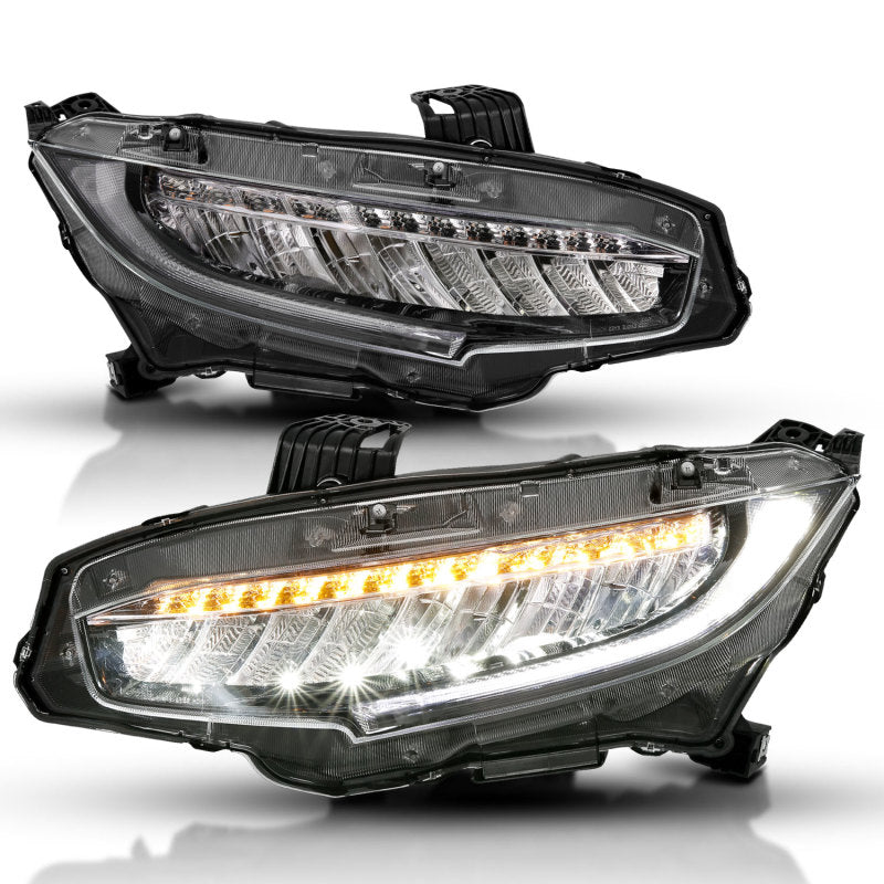 ANZO 16-17 Honda Civic projector headlights in black with amber accents, showcasing a modern plank style design.