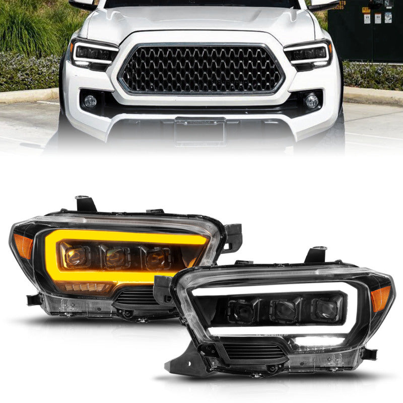 ANZO 16-22 Toyota Tacoma LED Projector Headlights featuring a sleek design and integrated light bar sequence.