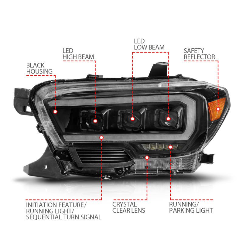 ANZO 16-22 Toyota Tacoma LED Projector Headlights featuring a sleek design and integrated light bar sequence.