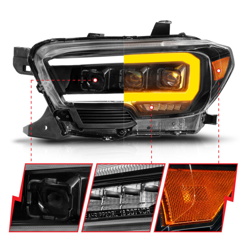 ANZO 16-22 Toyota Tacoma LED Projector Headlights featuring a sleek design and integrated light bar sequence.