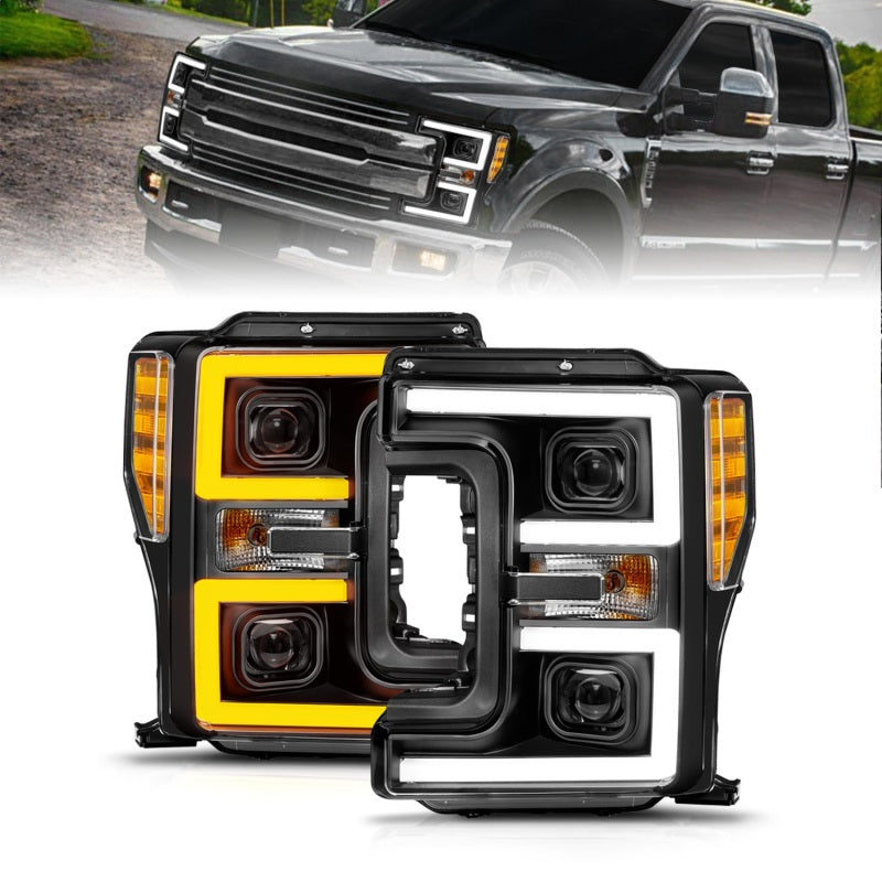 ANZO LED Projector Headlights for 2017-2019 Ford F-250/350/450 SD, showcasing modern design and advanced lighting technology.