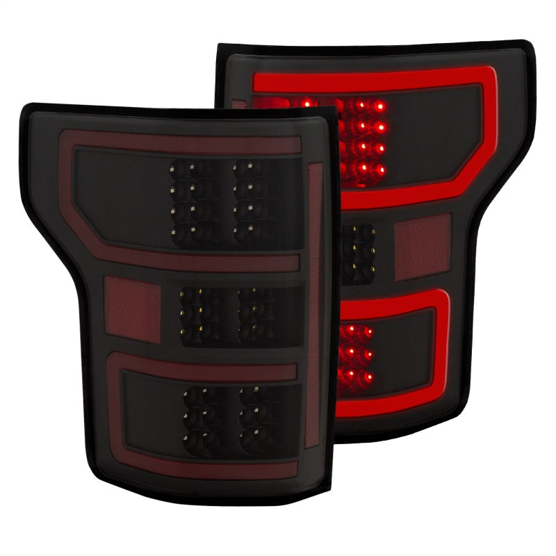 ANZO 18-19 Ford F-150 LED taillights in black, showcasing a sleek design and bright LED lights for enhanced visibility.