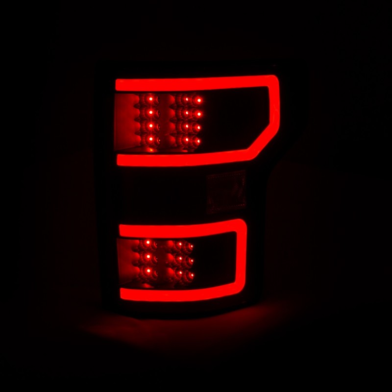 ANZO 18-19 Ford F-150 LED taillights in black, showcasing a sleek design and bright LED lights for enhanced visibility.