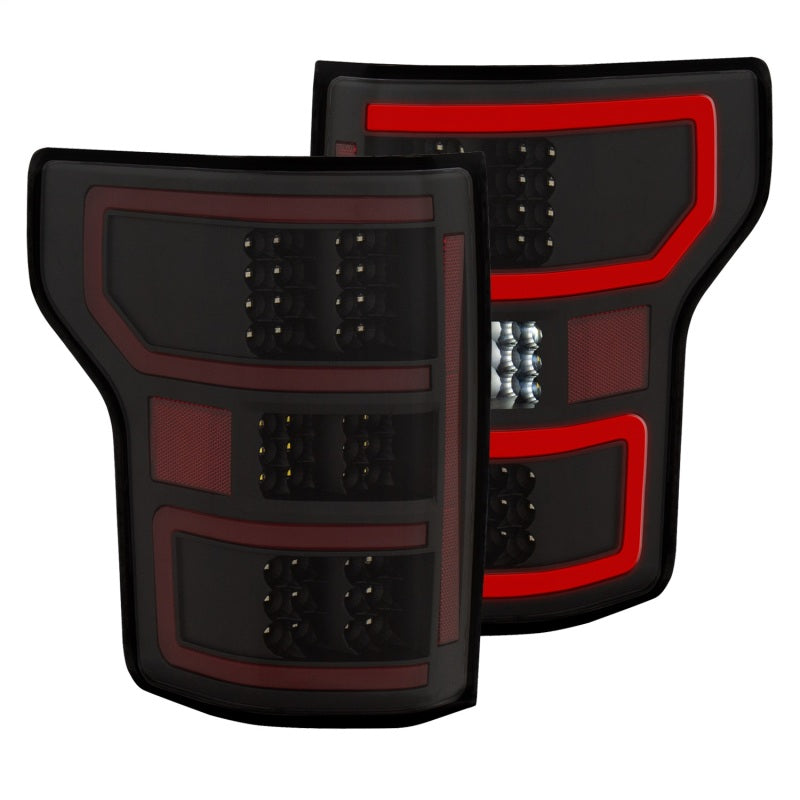 ANZO 18-19 Ford F-150 LED taillights in black, showcasing a sleek design and bright LED lights for enhanced visibility.