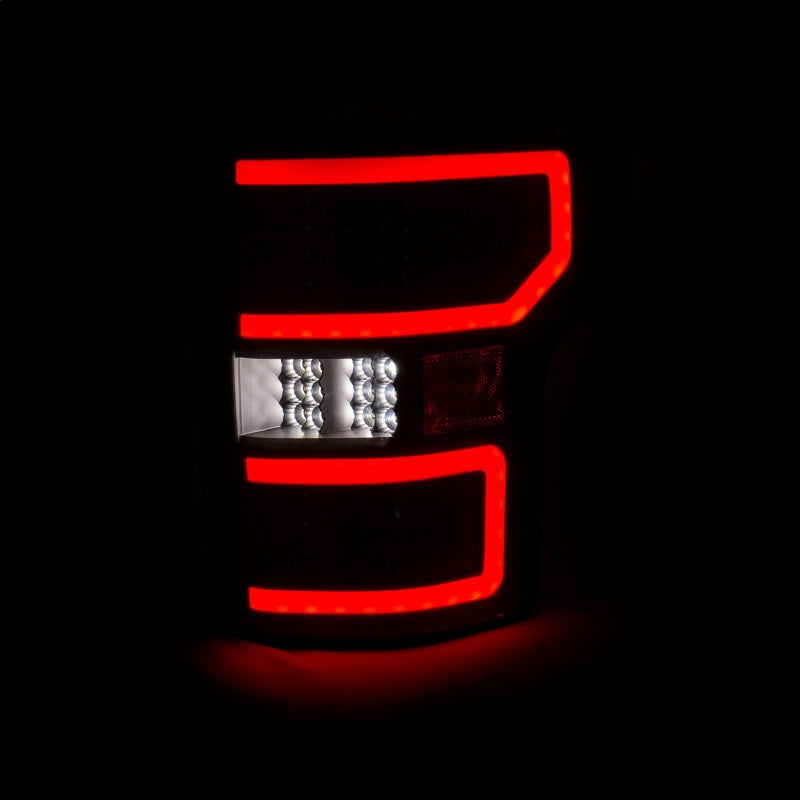 ANZO 18-19 Ford F-150 LED taillights in black, showcasing a sleek design and bright LED lights for enhanced visibility.