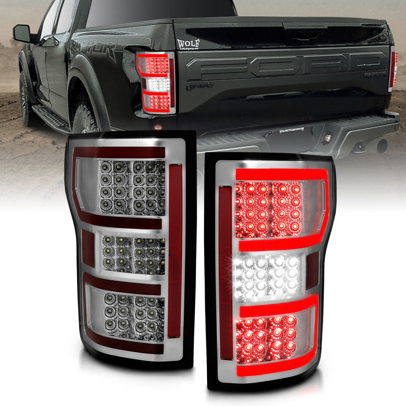 ANZO 18-19 Ford F-150 LED taillights with chrome housing, designed for enhanced visibility and style.