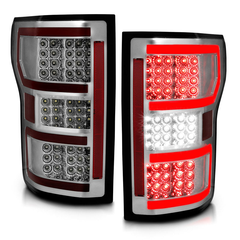 ANZO 18-19 Ford F-150 LED taillights with chrome housing, designed for enhanced visibility and style.