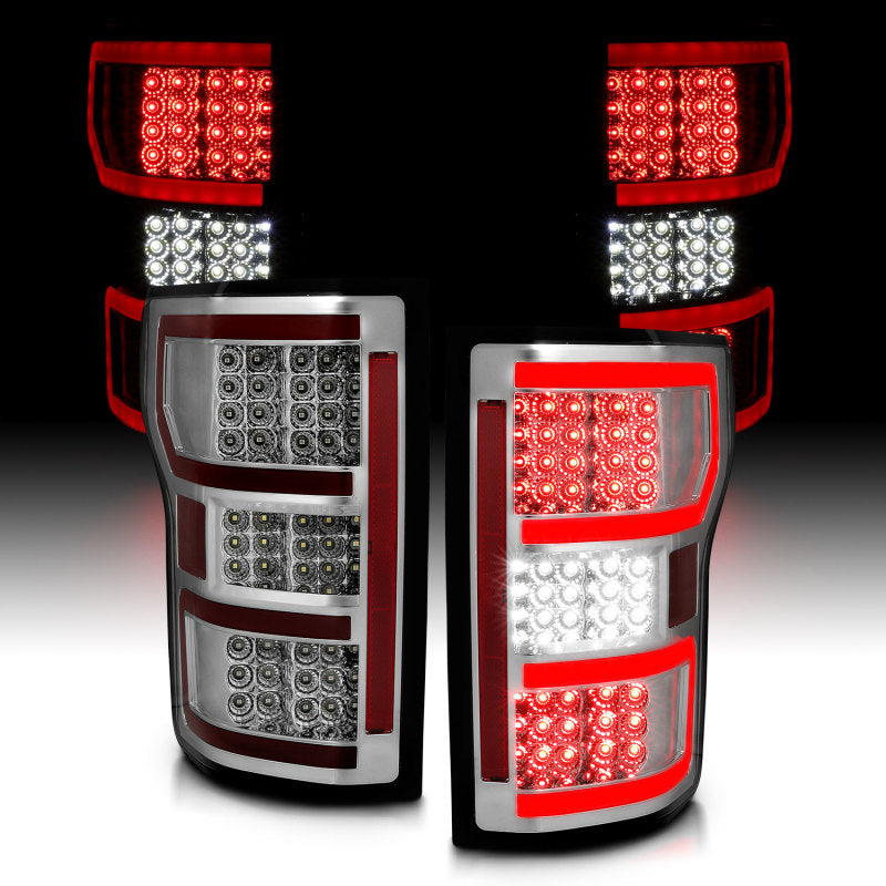 ANZO 18-19 Ford F-150 LED taillights with chrome housing, designed for enhanced visibility and style.