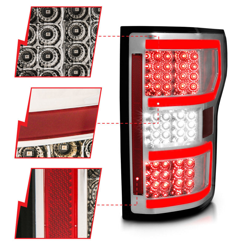 ANZO 18-19 Ford F-150 LED taillights with chrome housing, designed for enhanced visibility and style.