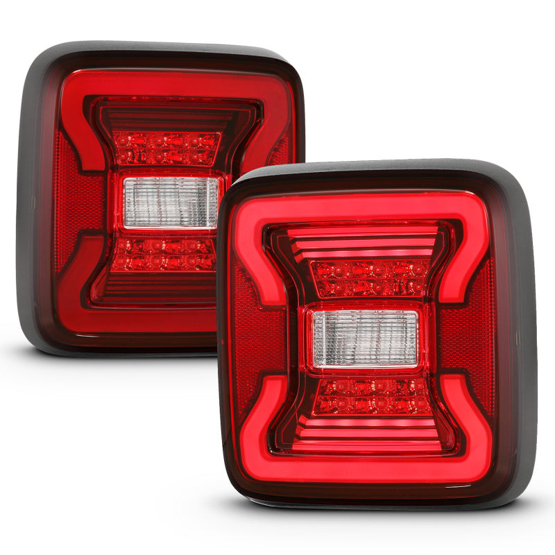 ANZO 18-19 Jeep Wrangler JL LED Taillights in Black, showcasing sleek design and bright LED lights.