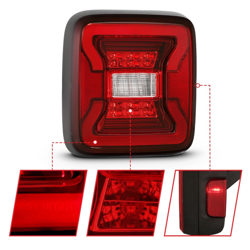 ANZO 18-19 Jeep Wrangler JL LED Taillights in Black, showcasing sleek design and bright LED lights.