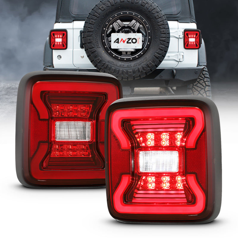 ANZO 18-19 Jeep Wrangler JL LED Taillights in Black, showcasing sleek design and bright LED lights.