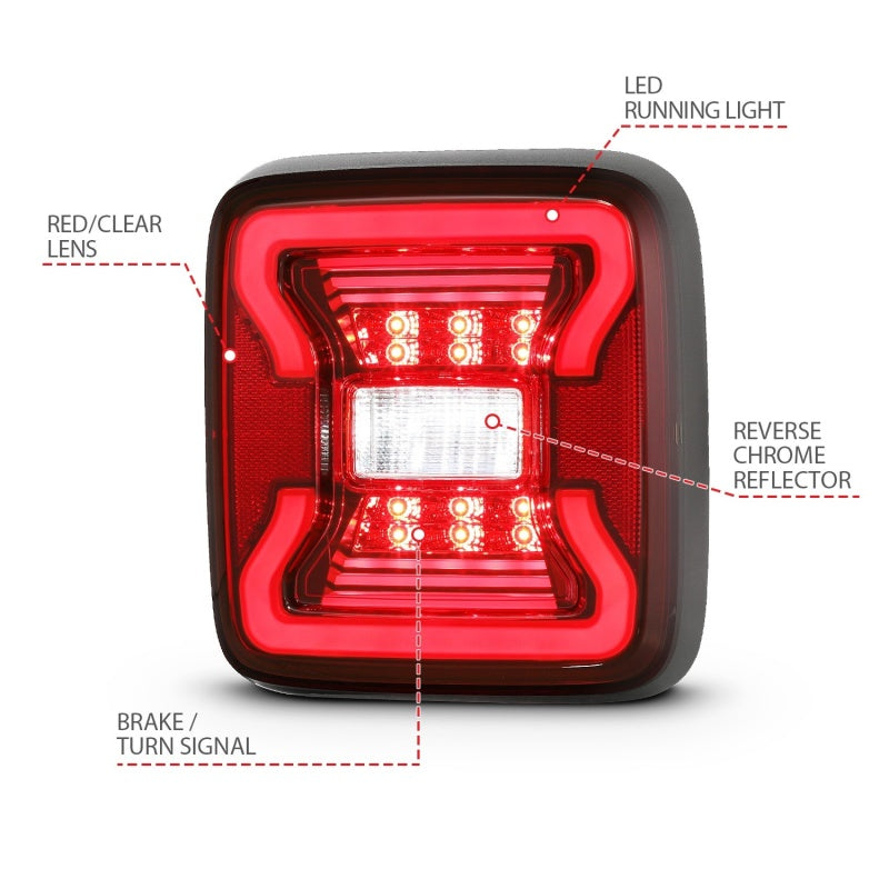 ANZO 18-19 Jeep Wrangler JL LED Taillights in Black, showcasing sleek design and bright LED lights.