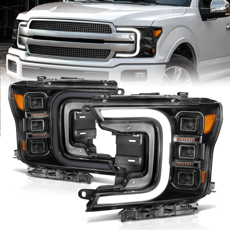 Anzo Full LED Projector Headlights for 2018-2020 Ford F-150, featuring smoke bar style and black housing.