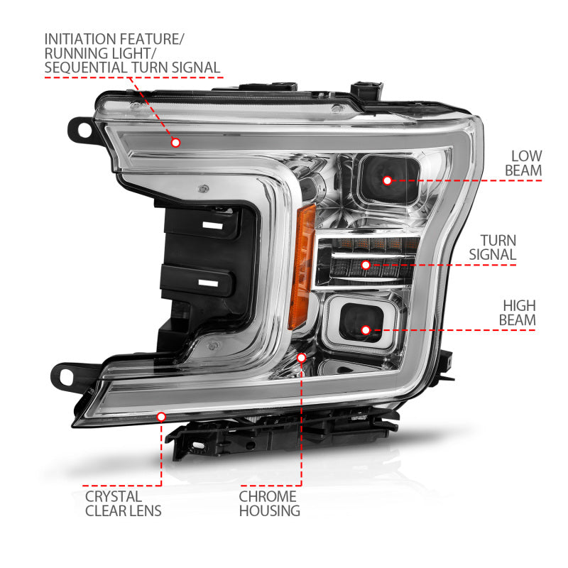 ANZO Full LED Projector Headlights for 2018-2020 Ford F-150, featuring clear lens and black housing.