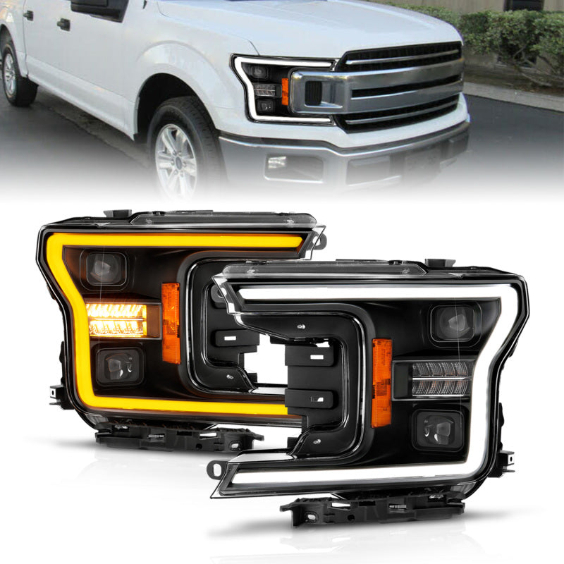 ANZO Full LED Projector Headlights for 2018-2020 Ford F-150, featuring clear lens and black housing.