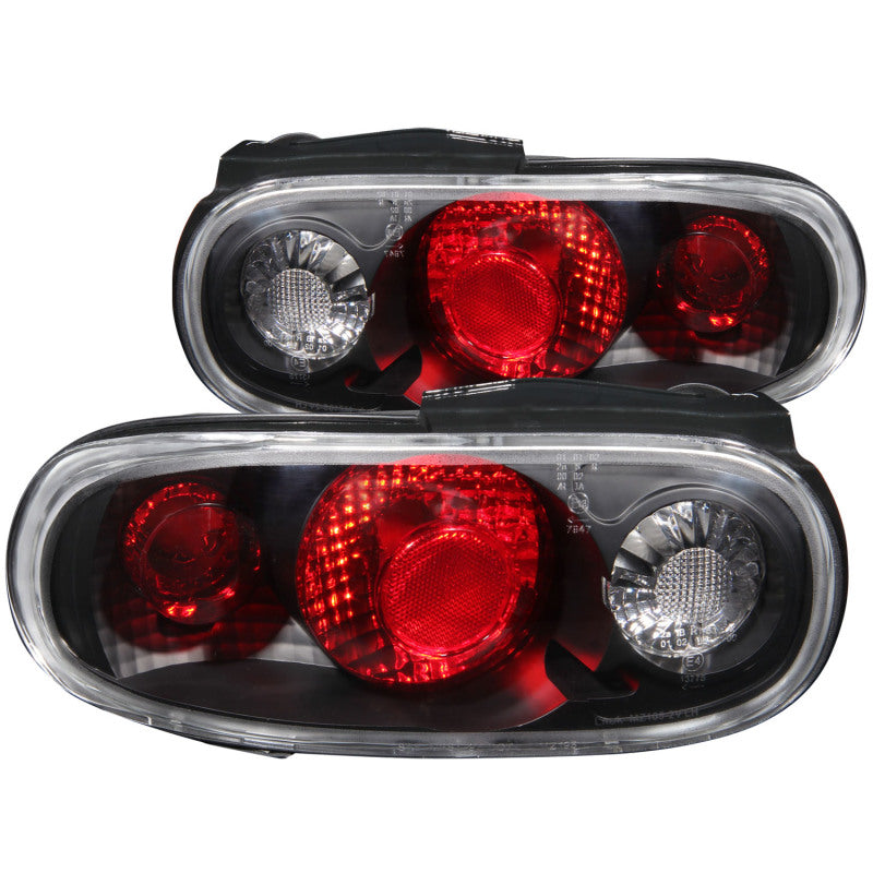 ANZO 1990-1997 Mazda Miata Taillights with black housing and clear lens, showcasing sleek design and modern aesthetics.