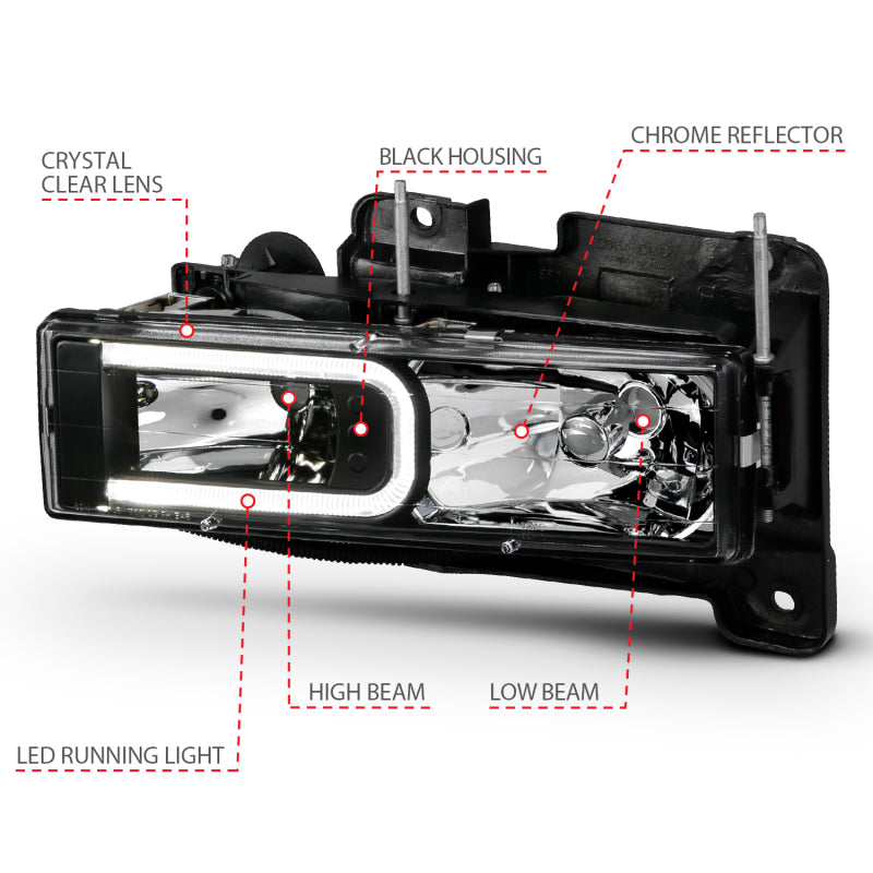 ANZO 1999-2000 Cadillac Escalade Crystal Headlights with a sleek black light bar design, enhancing vehicle visibility and style.