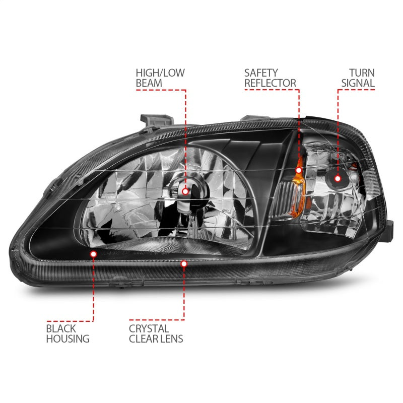 ANZO 1999-2000 Honda Civic Crystal Headlights with clear lens and black housing, designed for improved visibility and style.