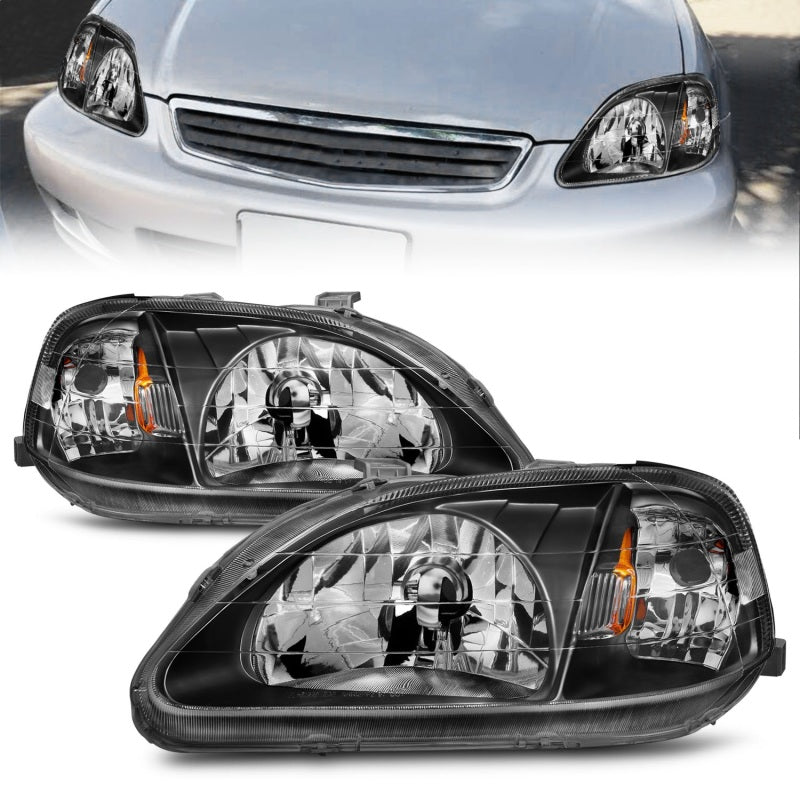 ANZO 1999-2000 Honda Civic Crystal Headlights with clear lens and black housing, designed for improved visibility and style.