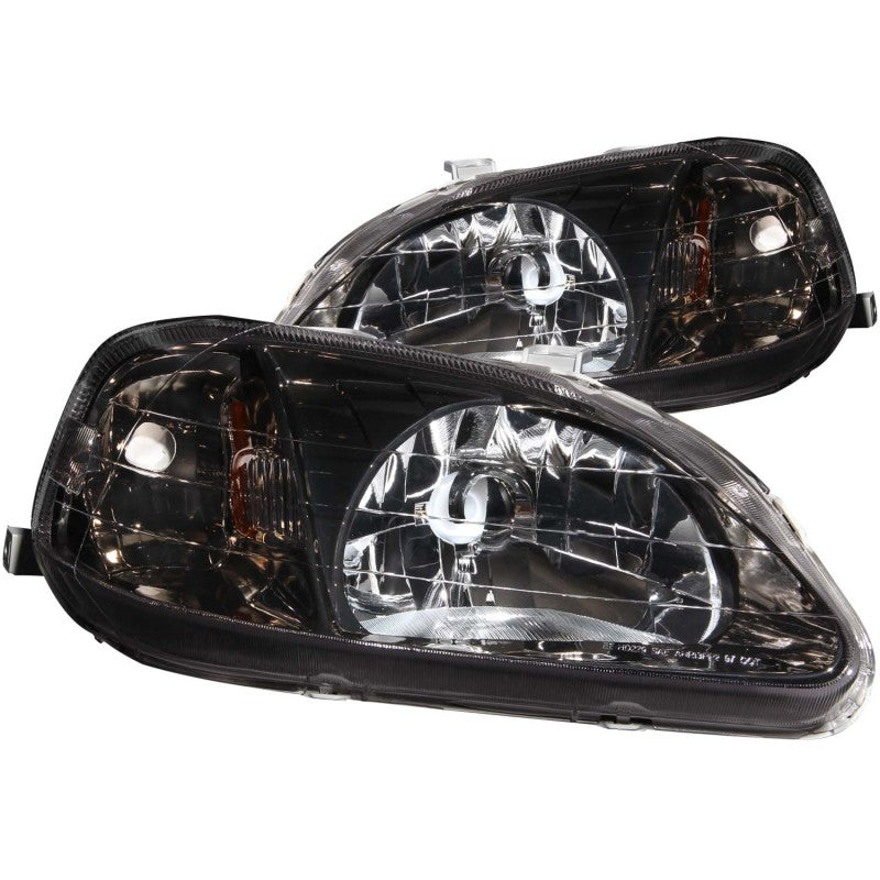 ANZO 1999-2000 Honda Civic Crystal Headlights in Gun-Metal Gray with clear lens and sleek design.