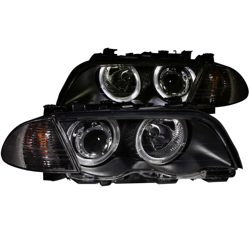 ANZO 1999-2001 BMW 3 Series E46 projector headlights with halo lights and black housing, showcasing modern design and clear lens.