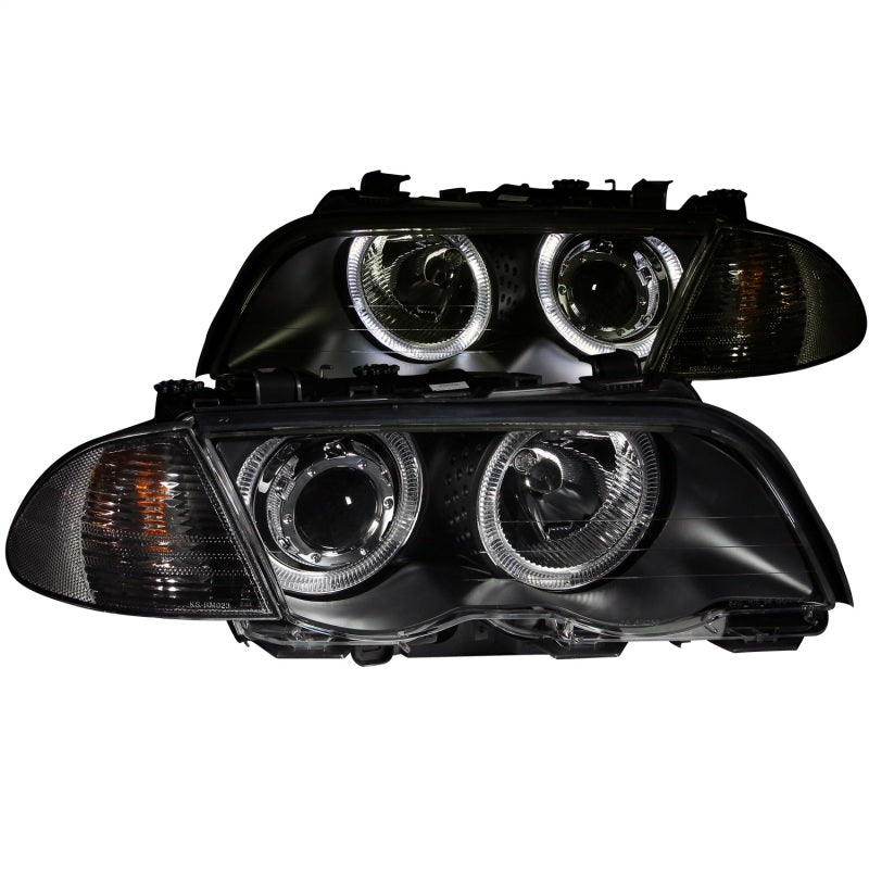 ANZO 1999-2001 BMW 3 Series E46 projector headlights with halo lights and black housing, showcasing modern design and clear lens.