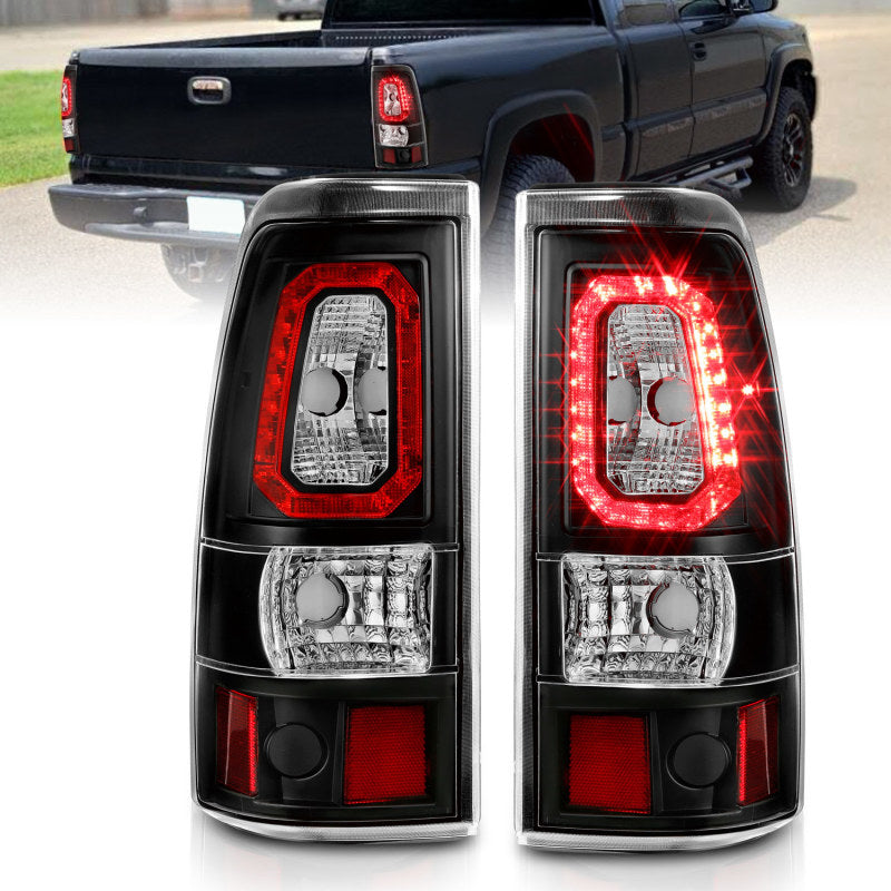 ANZO LED taillights for 1999-2002 Chevy Silverado 1500, featuring a plank style design with black housing and clear lens.