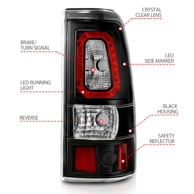 ANZO LED taillights for 1999-2002 Chevy Silverado 1500, featuring a plank style design with black housing and clear lens.