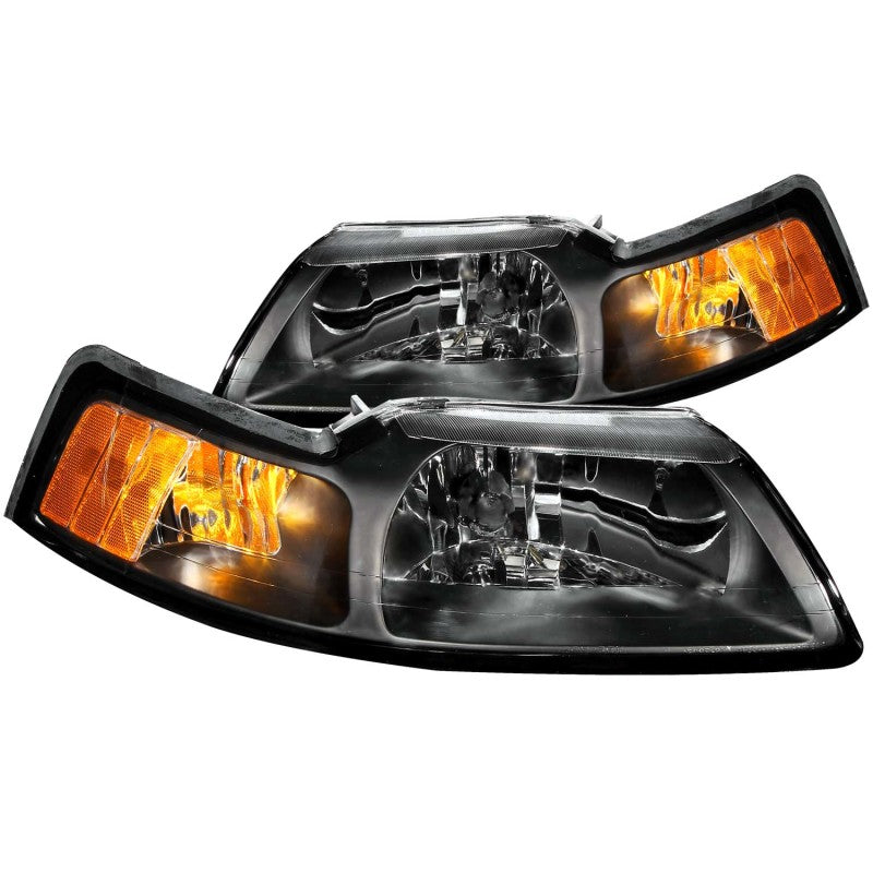 ANZO 1999-2004 Ford Mustang Crystal Headlights with clear lens and black housing, showcasing modern design and enhanced visibility.