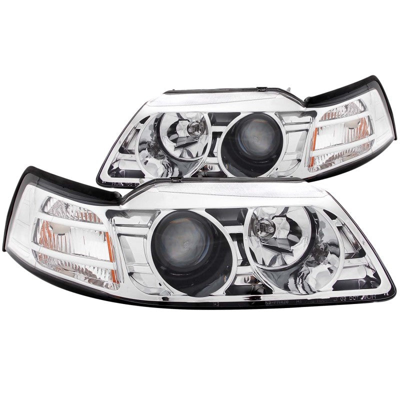 ANZO projector headlights for 1999-2004 Ford Mustang with clear lens and chrome housing, showcasing modern design and enhanced visibility.