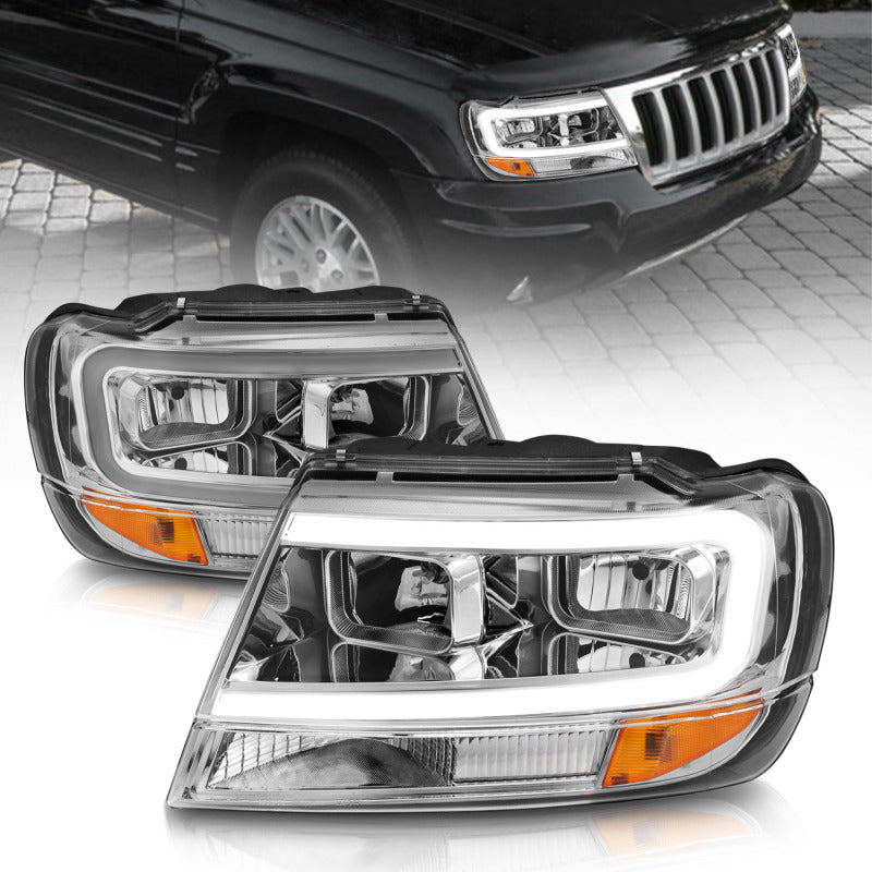 ANZO Crystal Headlight Set for 1999-2004 Jeep Grand Cherokee with clear lens and black housing.