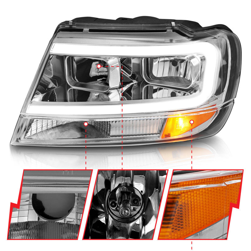 ANZO Crystal Headlight Set for 1999-2004 Jeep Grand Cherokee with clear lens and black housing.