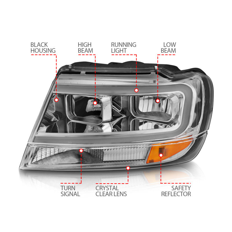 ANZO Crystal Headlight Set for 1999-2004 Jeep Grand Cherokee with clear lens and black housing.